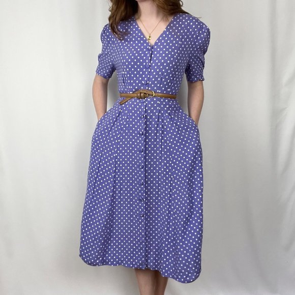 Vintage Cottagecore Puff Sleeve Button Up Pleated Midi Short Sleeve Summer Dress - Picture 3 of 9